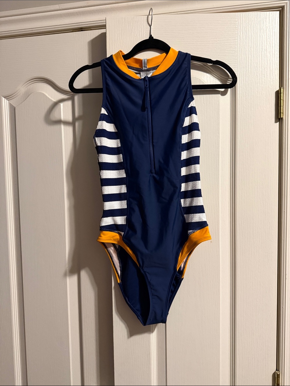 Body Glove Navy One-Piece Swimsuit with White Stripes and Yellow Trim
